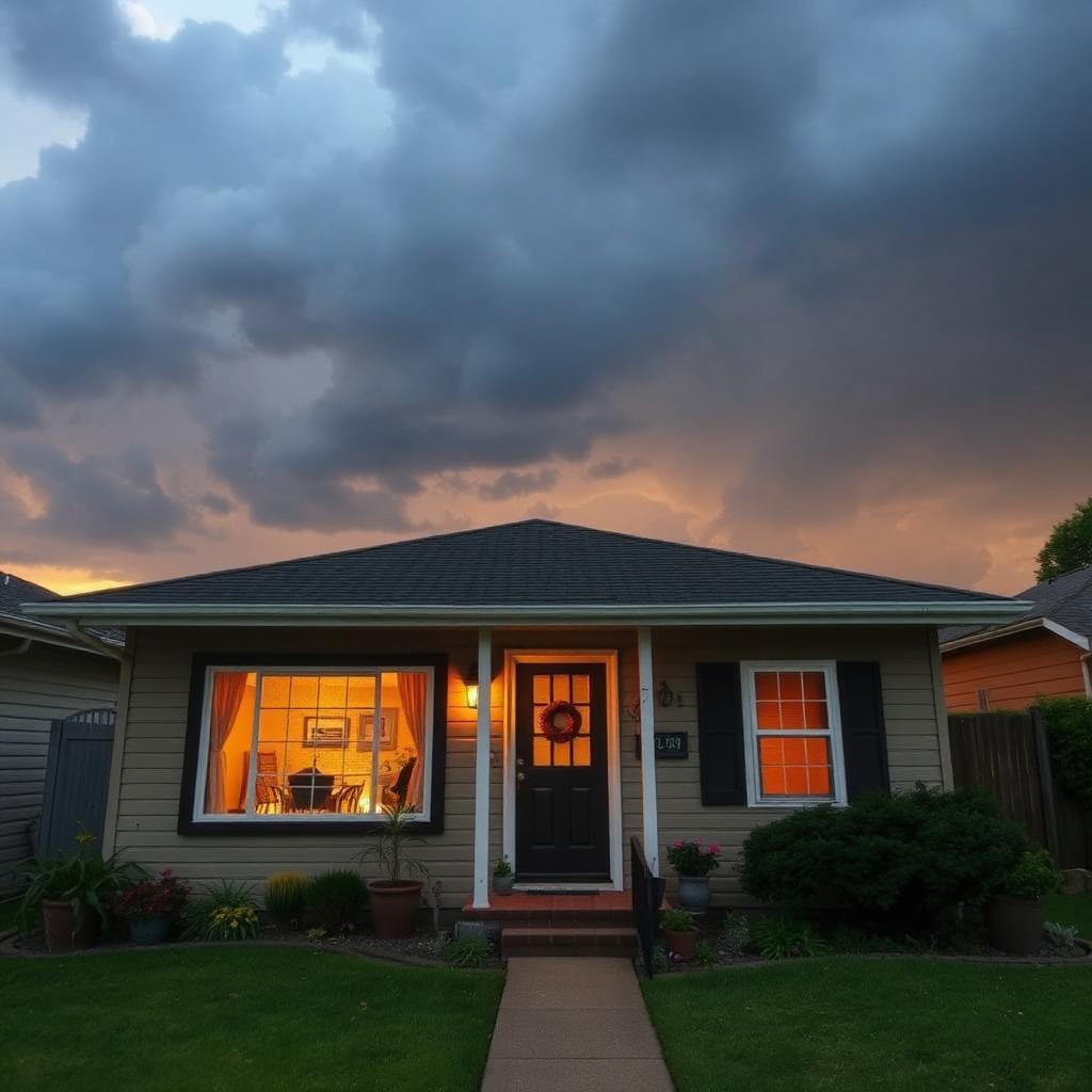 Cozy suburban home at dusk with storm clouds gathering